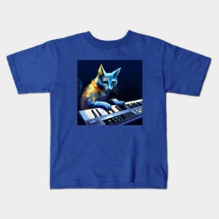 Blue Cat Playing Keyboard in a Synth Wave Band Kids T-Shirt